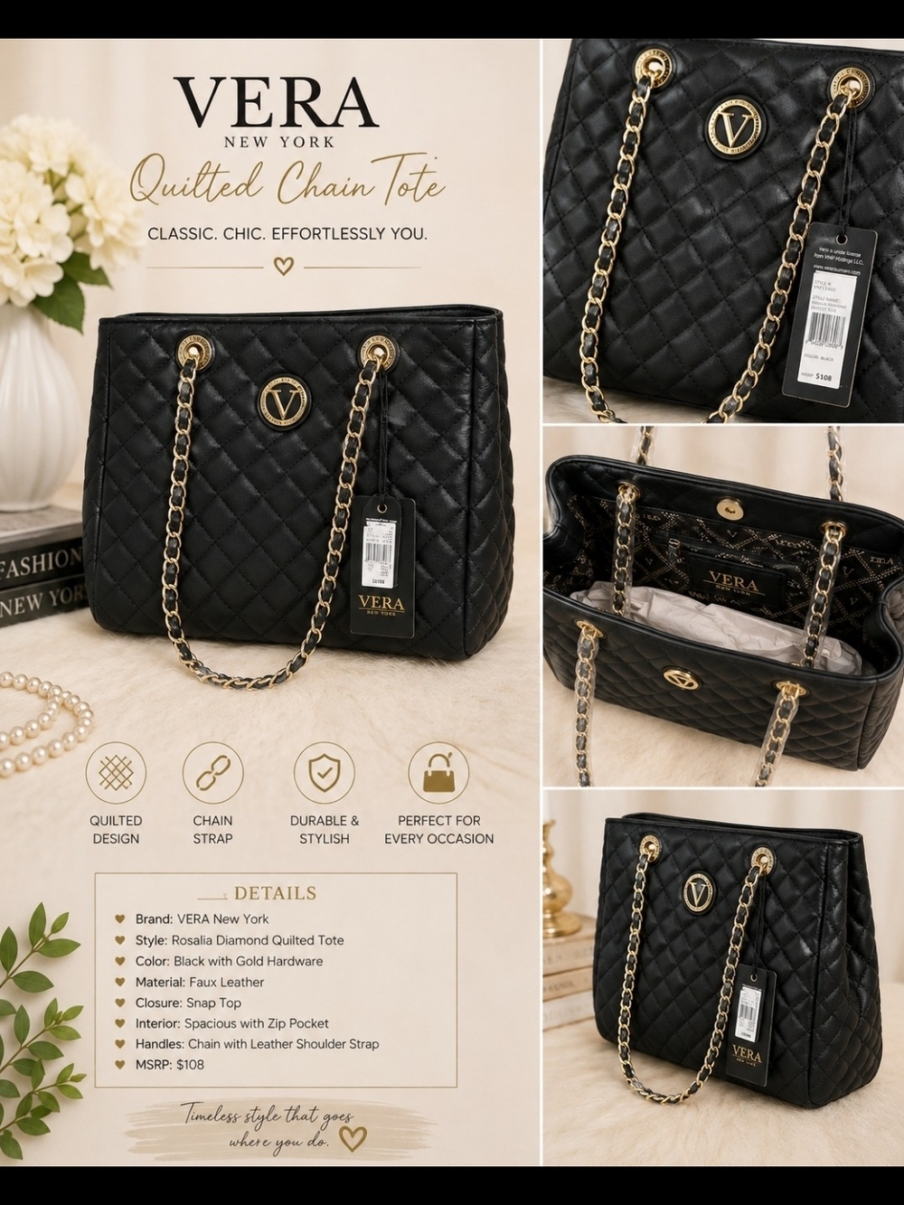 🖤 Vera New York Rosalia Diamond Quilted Tote – NWT